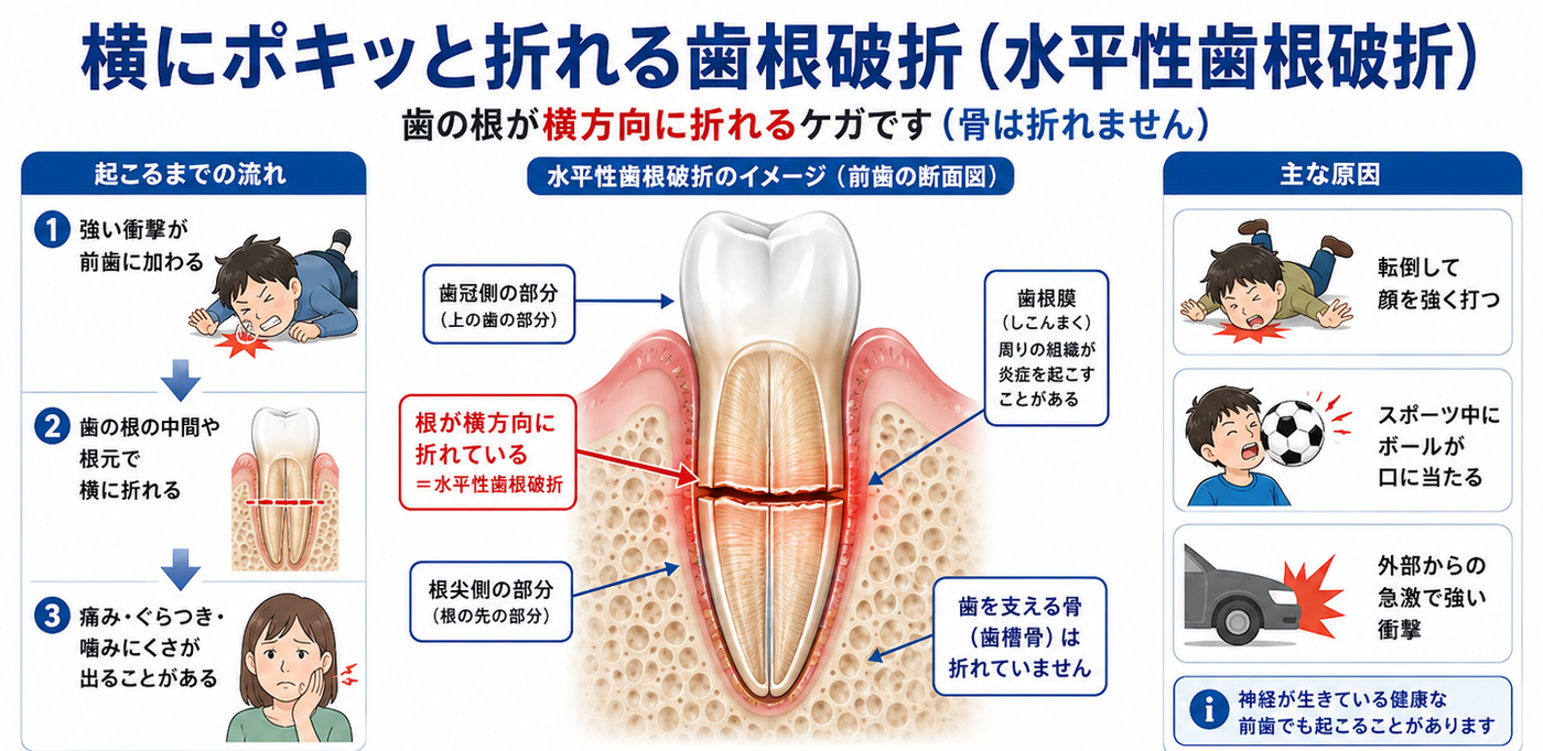 水平性歯根破折（横にポキッと折れる歯根破折）の解説図